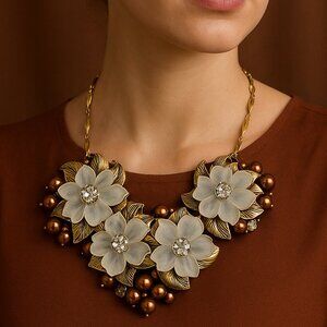 NWOT Signed Coldwater Creek Flora Lucite & Crystal‎ Bib Necklace 16-21"